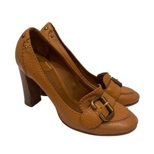 Chloe Women Tan Leather Block Heel Loafer Pumps Buckle Size 37 Preppy Schoolgirl